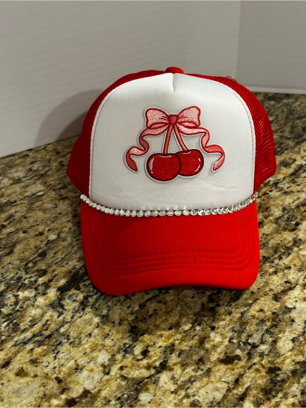 Red & White Cherry Embroidered Trucker Hat with Rhinestone Band